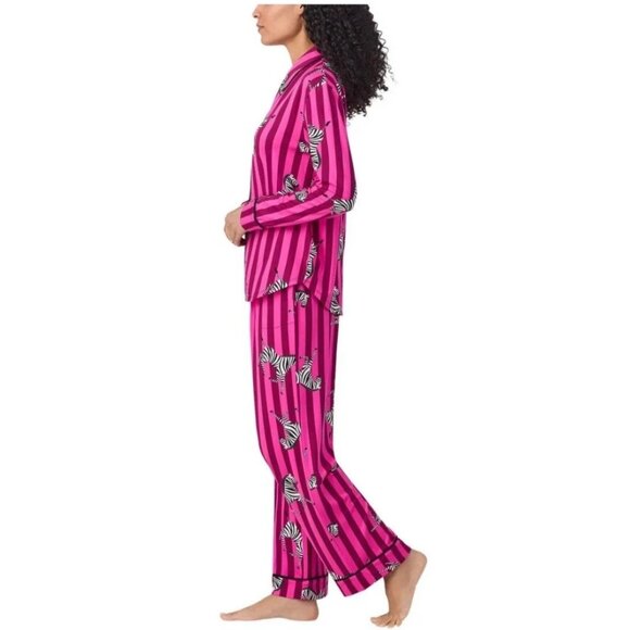 NEW Room Service Women's L Shawl Collar Pajama Set Pink Zebra & Stripe Pattern - Picture 3 of 11